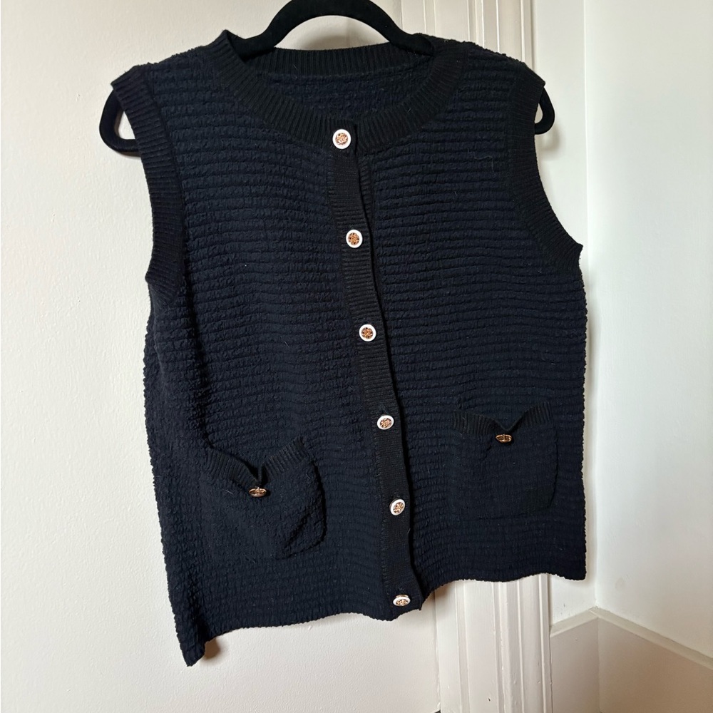 Black Sleeveless Button-Up Sweater